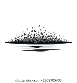 Large group of birds flying over water
