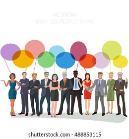 large group of business people standing frontal with speech bubbles above them