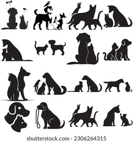 A large group of cats and dogs, silhouette illustration.