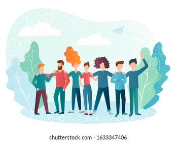 A large group of cheerful friendly hugging young people. Vector illustration concept of friendly youth group, join our team