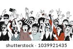 Large group of cheerful people or music fans standing with raised hands loudly screaming and singing. Crowd of spectators or audience of summer open air festival. Hand drawn vector illustration.