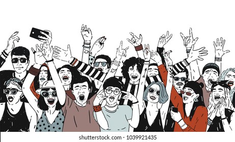 Large group of cheerful people or music fans standing with raised hands loudly screaming and singing. Crowd of spectators or audience of summer open air festival. Hand drawn vector illustration.