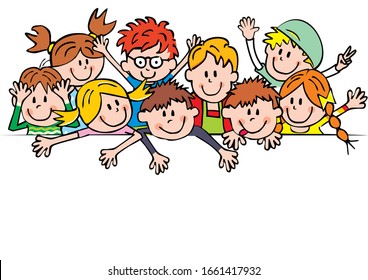 Large group of children, banner, funny vector illustration	