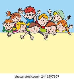 Large group of children, conceptual card,  funny vector illustration