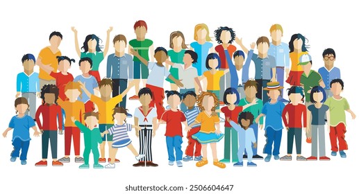 A large group of children having fun, isolated illustration