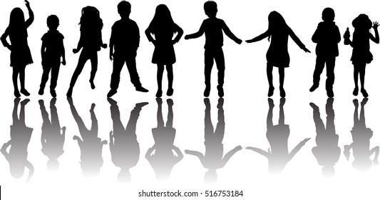 Large group of children playing.People silhouettes.