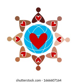 Large group of colored people with hearts is forming all over the globe. uniform badges of love.