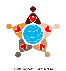 Large group of colored people with hearts is formed around the globe in the shape of a star
