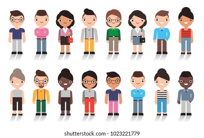 Large group of cute cartoon people all nationalities. Isolated on white background. Vector character design.