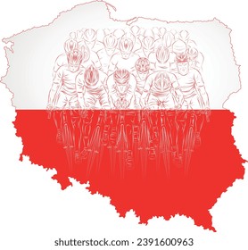 Large group of cyclists racing forward inside the outline of Poland, with the national red and white color scheme. Symbolic vector combining national identity, sports passion, and cycling culture.