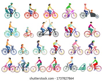 Large group of cyclists, set isolated, vector illustration