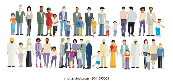 Large group of different families, isolated - illustration