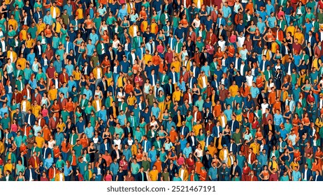 Large group of different isometric people. Big mixed crowd of city dwellers in casual clothes. Group of male and female. Community and diversity concept. Low detail. Flat style vector Illustration