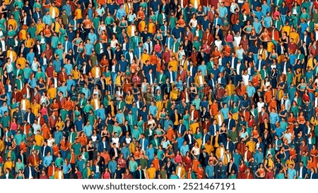 Large group of different isometric people. Big mixed crowd of city dwellers in casual clothes. Group of male and female. Community and diversity concept. Low detail. Flat style vector Illustration