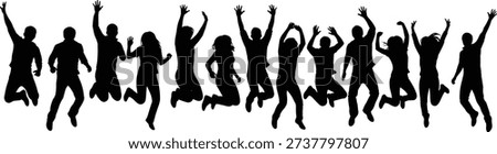 Large group of diverse happy people silhouettes jumping in air, celebrating success, freedom, friendship, and joy on isolated white background.