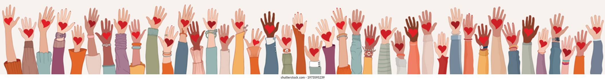 Large Group of diverse people with heart in hand. Arms and hands raised. Charity donation and volunteer work. People diversity. Support and assistance. Multicultural community. Teamwork