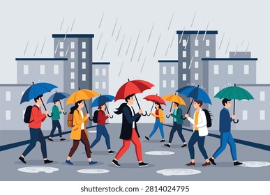 Large group of diverse people walking through a city street with colorful umbrellas during a heavy rain shower on a grey day.