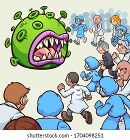 A large group of doctors and nurses fighting corona virus. Vector cartoon clip art illustration with simple gradients. Some elements on separate layers.
