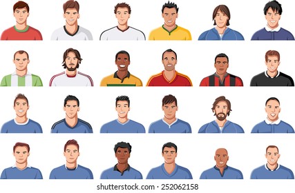 Large group of football player faces. Soccer jersey uniform.