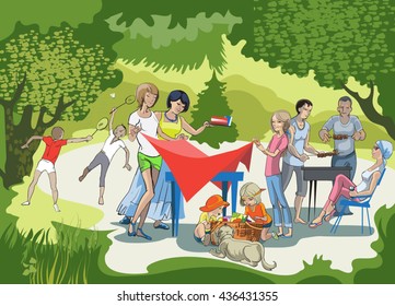 A large group of friends making a barbecue on the meadow