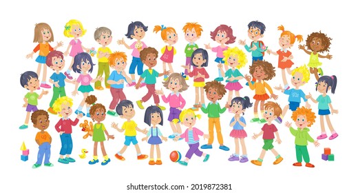 A large group of funny kids. Multicultural children with different colors of skin and hair in different poses and relationships. In cartoon style. Isolated on white background. Vector illustration.