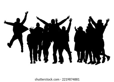 Large Group Of Happy People. Cheerful People Having Fun Celebrating. Silhouette Of Fun People In Party Or Holiday. Jumping Friends. Teamwork, Meeting Or Family Concept. Stock Vector Illustration