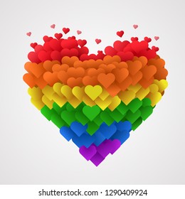 Large group of hearts in the shape of big heart in LGBT flag colors. Vector illustration