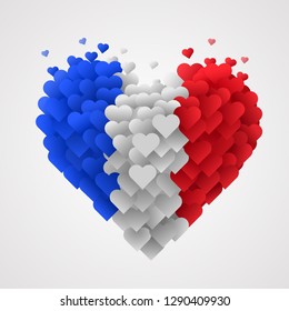 Large group of hearts in the shape of big heart in French flag colors. I love France. Patriotic concept. Vector illustration