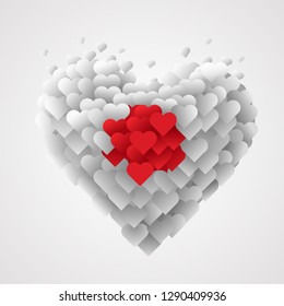 Large group of hearts in the shape of big heart in Japanese flag colors. I love Japan. Patriotic concept. Vector illustration