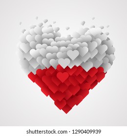 Large group of hearts in the shape of big heart in Polish flag colors. I love Poland. Patriotic concept. Vector illustration