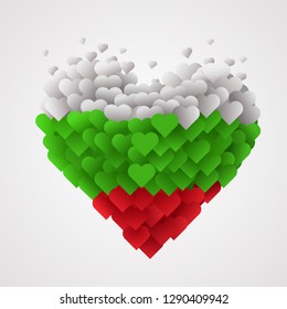 Large group of hearts in the shape of big heart in Bulgarian flag colors. I love Bulgaria. Patriotic concept. Vector illustration