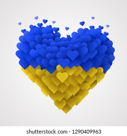 Large group of hearts in the shape of big heart in Ukraine flag colors. I love Ukraine. Patriotic concept. Vector illustration