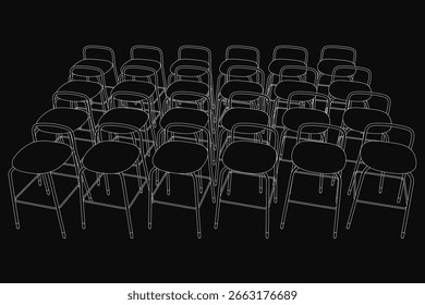 Um grande grupo de cadeiras brancas idênticas dispostas em um círculo perfeito sobre um fundo preto. O contorno limpo de cada cadeira cria um padrão geométrico impressionante.