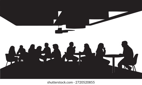 Eine große Gruppe von Einzelpersonen, die als Silhouetten vertreten sind, bequem sitzend und interagierend in einem geschäftigen Restaurant oder Veranstaltungssaal.