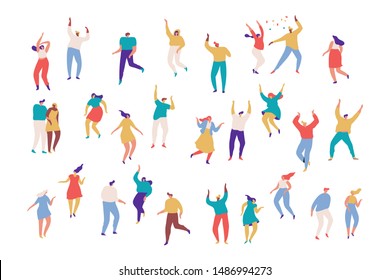 Large group of male and female cartoon characters having fun at party. Party people.  Crowd of young people  dancing at club or music concert. Flat colorful vector characters on white background.