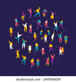 Large group of male and female cartoon characters having fun at party. Dancing people. Flat colorful vector charcters on dark background.Crowd of young people  dancing at club or music concert. 