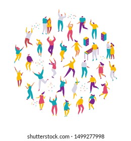 Large group of male and female cartoon characters having fun at party.Dancing people. Crowd of young people.   Flat colorful vector charcters on white background.