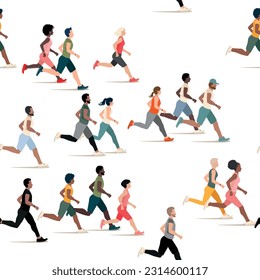 A large group of men and women of different nationalities run together. Marathon. Sports and active lifestyle. Flat vector seamless pattern.