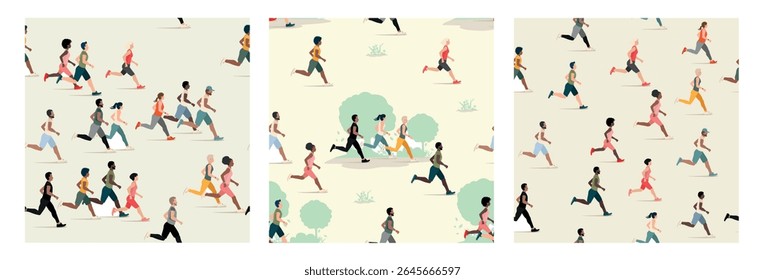 A large group of men and women of different nationalities run together. Marathon. Sports and active lifestyle. Set flat vector seamless pattern.