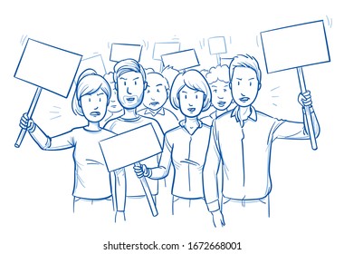 Large group of mixed people, demonstrating with protest signs and angry faces. Hand drawn blue outline line art cartoon vector illustration.