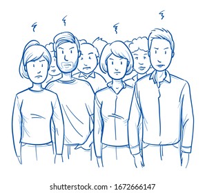 Large group of mixed people, looking angy and annoyed. Concept for negative feedback or angry clients or citizens. Hand drawn blue outline line art cartoon vector illustration.