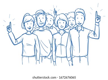 Large group of mixed people, looking happy, some raised their hands. Concept for survey or volunteers. Hand drawn blue outline line art cartoon vector illustration.