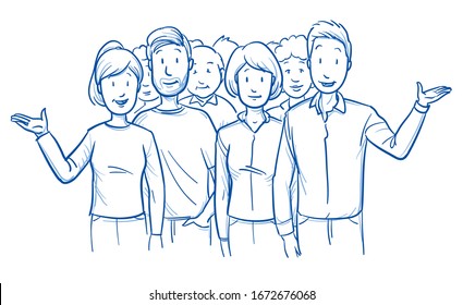 Large group of mixed people, looking happy and satisfied, talking or presenting something. Hand drawn blue outline line art cartoon vector illustration.