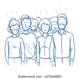 Large Group Of Mixed People, With Respirator Masks Looking Worried Or Afraid. Concept For Infection Prevention An Corona Crisis. Hand Drawn Blue Outline Line Art Cartoon Vector Illustration.