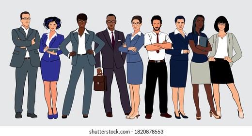 A large group of office workers of different ethnicity. Figures in full growth