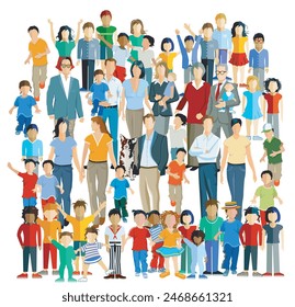A large group of parents with children, isolated illustration