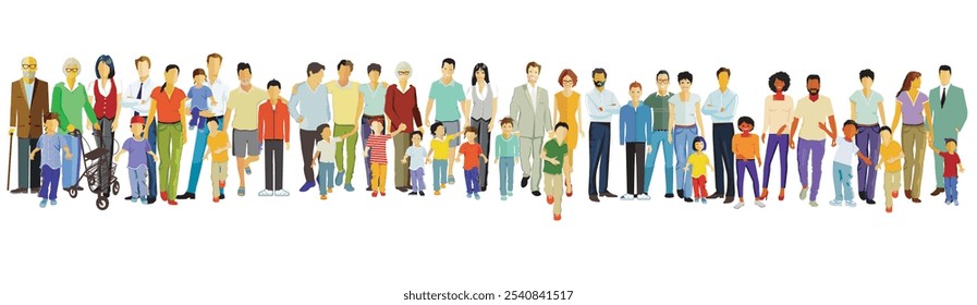 Um grande grupo de pais com filhos, ilustração isolada