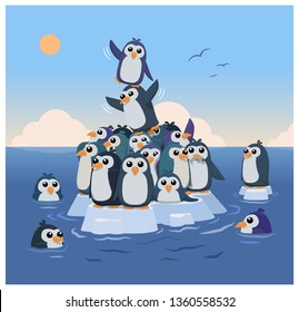 A large group of penguins stand on the last remaining iceberg in the middle of the ocean