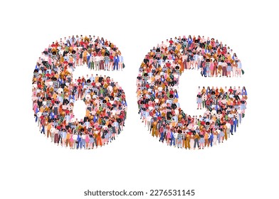 Large group of people in 6G form. A crowd of male and female characters. 6G network wireless technology. High speed wireless connection. Flat vector illustration isolated on white background.