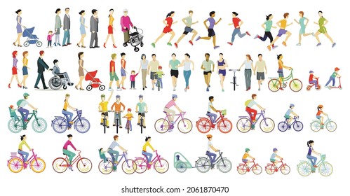 Large group of people of athletes, families, cyclists and pedestrians, illustration, isolated on white background